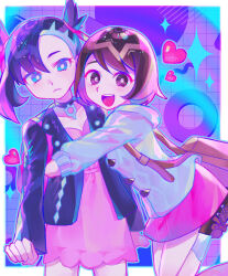  2girls :d asymmetrical_bangs bag black_choker black_hair black_jacket border brown_bag brown_eyes brown_hair choker closed_mouth commentary_request creatures_(company) dress game_freak gloria_(pokemon) grey_sweater grid_background handbag heart highres hug iro_(mywife_sunny) jacket light_frown looking_at_viewer marnie_(pokemon) medium_hair multiple_girls nintendo open_clothes open_jacket open_mouth outside_border pink_dress pink_skirt pokemon pokemon_swsh purple_background short_hair skirt smile sparkle sweater teeth upper_teeth_only white_border 