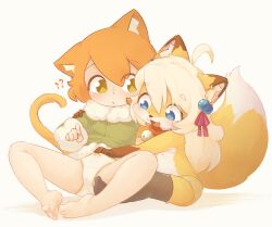  2girls ahoge animal_ear_fluff animal_ears animal_nose barefoot bell black_thighhighs blonde_hair blue_eyes bow bow_panties brown_eyes cat_ears cat_girl cat_tail coat collar feet flat_chest fox_ears fox_girl fox_tail fur_trim furry furry_female grabbing grabbing_from_behind green_coat hair_ornament highres jingle_bell kanbaki kanbaki&#039;s_orange-haired_catgirl legs loli long_hair multiple_girls neck_bell nipples no_pants open_mouth orange_hair orange_panties original panties panty_pull pulling_another&#039;s_clothes ribbon short_hair sitting smile soles spread_legs tail thighhighs thighs toes topless underwear white_panties 