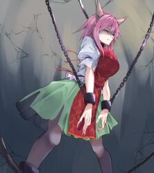  1girl breasts chain closed_mouth cuffs fang feet_out_of_frame fingernails green_skirt horns ibaraki_douji&#039;s_arm kanaria_(bocmn) large_breasts long_fingernails medium_hair pink_hair pink_nails restrained shackles skirt solo tabard touhou 