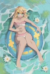  1boy androgyne_symbol bikini blonde_hair blue_eyes blush bridget_(guilty_gear) crossdressing guilty_gear hair_ornament hairclip highres innertube looking_at_viewer male_focus navel open_mouth pink_nails smile solo swim_ring swimsuit tan tanline togekk0 trap water  rating:Sensitive score:19 user:Crazy-Ant