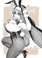  1girl animal_ears ass bare_shoulders bow breasts dagashi_(place) detached_collar fake_animal_ears habit high_heels highres large_breasts leotard long_hair looking_at_viewer monochrome nijisanji nipple_slip nipples pantyhose playboy_bunny rabbit_ears rabbit_tail sister_claire solo strapless strapless_leotard tail virtual_youtuber wrist_cuffs 