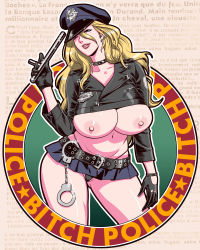 1girl belt blonde_hair blue_eyes breast_slip breasts breasts_out covered_erect_nipples cuffs earrings english_text french_text g-string handcuffs hat huge_breasts jewelry lips long_hair microskirt mole mole_under_eye navel nipples one_eye_closed original panties parted_lips pleated_skirt police police_badge police_hat police_uniform policewoman profanity skirt smile solo sparkle tatsunami_youtoku thong tonfa underwear uniform upskirt weapon wink rating:Explicit score:70 user:danbooru