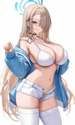  1girl abpart asuna_(blue_archive) bare_shoulders blue_archive blue_eyes breasts large_breasts light_brown_hair looking_at_viewer simple_background smile solo standing  rating:Sensitive score:26 user:victusr34