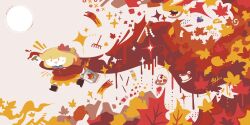  1girl :d autumn_leaves bird black_footwear blonde_hair bucket commentary flat_cap food fruit grapes hair_ornament hat highres inubashiri_momiji inubashiri_momiji_(wolf) leaf leaf_hair_ornament maple_leaf onbashira open_mouth paint_tube paintbrush painting_(action) palette_(object) pyonta red_shirt shameimaru_aya shameimaru_aya_(crow) shirt short_hair signature smile thatpebble touhou wolf yellow_eyes 