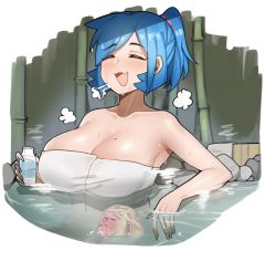  1girl bad_id bad_pixiv_id bare_shoulders blue_hair blue_nails blush breasts cleavage closed_eyes collarbone facing_viewer highres large_breasts mole mole_on_breast nail_polish naked_towel onsen open_mouth original saru_(monkey_magic3) short_hair short_ponytail smile solo towel yellow_nails  rating:Sensitive score:27 user:danbooru