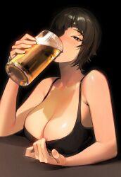  1girl absurdres alcohol beer black_eyes black_hair black_tank_top breast_rest breasts chainsaw_man cleavage cup drinking drinking_glass eyepatch highres himeno_(chainsaw_man) holding holding_cup large_breasts limart short_hair solo tank_top upper_body 