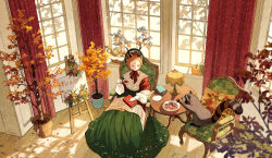  1girl animal antlers armchair autumn autumn_leaves basket blurry bonnet book book_stack bow bowtie braid branch chair chin_strap cup curtains cushion day depth_of_field desk_lamp dress floral_print flower food fringe_trim from_above fruit green_dress hair_flower hair_ornament hand_up highres hinata_(echoloveloli) holding holding_cup horns indoors lamp leaf light_particles long_sleeves looking_at_animal original parted_bangs plaid_shawl plant plant_on_head plate potted_plant puffy_long_sleeves puffy_sleeves pumpkin raccoon reaching red_bow red_bowtie red_shawl saucer shawl sitting table teacup updo window window_shadow wooden_floor wooden_table 
