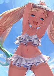 1girl aged_down armpits arms_up bikini bikini_skirt blonde_hair blue_eyes blush breasts cloud cloudy_sky cowboy_shot dark-skinned_female dark_skin day female_focus flower frilled_bikini frills from_below gluteal_fold gradient_hair granblue_fantasy groin hair_flower hair_ornament half-closed_eyes io_(granblue_fantasy) io_(summer)_(granblue_fantasy) layered_bikini light_particles loli long_hair looking_at_viewer multicolored_hair navel open_mouth outdoors p_answer rainbow_hair shirt unworn_shirt skirt sky small_breasts solo standing stomach sunlight swimsuit thighs twintails undressing white_shirt rating:Sensitive score:47 user:danbooru