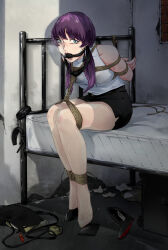  absurdres bdsm bed bondage bound christian_louboutin_(brand) cuffs gag handcuffs high_heels highres kidnapping low_twintails original pantyhose pencil_skirt pick&#039;k purple_hair restrained rope shibari shibari_over_clothes shoes skirt twintails unworn_shoes 