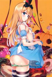  1girl absurdres alice_(alice_in_wonderland) alice_in_wonderland apron ass bare_shoulders blonde_hair blue_eyes blue_skirt bow clothes_lift detached_collar doughnut flat_chest food frills from_side green_panties hair_bow highres jack-o&#039;-lantern lifted_by_self long_hair looking_at_viewer misaki_kurehito nipples panties panty_pull pumpkin skirt skirt_lift smile solo striped_clothes striped_thighhighs thighhighs thighs underwear  rating:Questionable score:79 user:danbooru