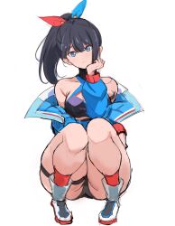  1girl bare_shoulders black_hair blue_eyes blue_jacket closed_mouth criss-cross_halter frown full_body gridman_universe hair_ribbon halterneck head_rest highres jacket long_hair long_sleeves looking_at_viewer multicolored_clothes multicolored_jacket off_shoulder official_alternate_costume official_alternate_hairstyle rakeemspoon ribbon sketch solo squatting ssss.gridman takarada_rikka takarada_rikka_(solarain_toys) thick_thighs thigh_strap thighs white_background  rating:Sensitive score:58 user:danbooru