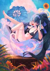 1girl artist_request bags_under_eyes bikini black_bikini black_hair blue_archive blue_eyes blue_sky book breasts character_request cloud cloudy_sky feet flower food fruit halo long_hair navel pink_clouds plant ponytail shoes single_shoe sky small_breasts soles strawberry sweater swimsuit umbrella