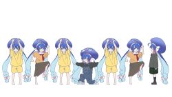  6+girls absurdres ahoge alternate_costume arms_at_sides arms_up barefoot black_skirt black_socks black_sweater blazer blue_eyes blue_hair blue_hat blue_overalls brown_skirt clenched_hands closed_mouth collared_shirt colored_inner_hair commentary_request eel_hat expressionless grey_jacket hand_up hat highres jacket legs_together loafers long_sleeves looking_at_viewer multicolored_hair multiple_girls multiple_persona necktie on_one_knee orange_shirt otomachi_una outstretched_arms overalls pan_(ryu) pleated_skirt pose_request red_necktie romaji_commentary sailor_collar school_uniform serafuku shirt shoes short_sleeves shorts sign_language simple_background skirt socks spread_arms standing standing_on_one_leg sweater translation_request twintails vocaloid white_background white_sailor_collar yellow_shirt yellow_shorts 