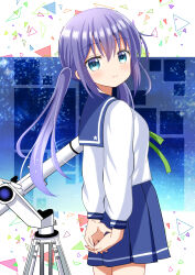 1girl blue_eyes blue_hair breasts closed_mouth dot_nose koisuru_asteroid long_hair long_sleeves looking_at_viewer manaka_ao ryoutan school_uniform serafuku small_breasts smile solo standing star_(symbol) telescope twintails