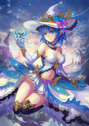 1girl absurdres atdan bad_id bad_pixiv_id bare_shoulders blue_eyes blue_hair breasts elbow_gloves gloves hat highres matching_hair/eyes navel smile solo witch rating:Sensitive score:19 user:danbooru