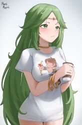  1girl absurdres breasts character_print commission cowboy_shot cup disposable_cup gradient_background green_eyes green_hair highres holding holding_cup kid_icarus kid_icarus_(nes) kid_icarus_uprising large_breasts long_hair long_shirt nintendo palutena panties pit_(kid_icarus) rorirori_(rorirori45) shirt solo underwear very_long_hair white_shirt 