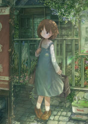  1girl absurdres bag blue_dress book brown_footwear brown_hair building bus_stop_sign cobblestone dot_mouth dress dress_flower flower full_body glass_bottle highres holding holding_bag light_blush loafers long_dress long_sleeves looking_to_the_side loose_hair_strand medium_hair original outdoors painting_(medium) papers_drivers partially_translated pigeon-toed puddle railing reflection reflective_water sett shirt shoes shoulder_bag socks solo standing sunlight tareme traditional_media translation_request white_shirt white_socks yakult 