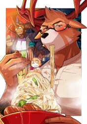  3boys absol_(dkqthf) ai_drawing_anime_characters_eating_ramen_(meme) animal_ear_fluff animal_ears another_eidos-r antlers bara beetle_boy beetle_horn border brown_fur casual cat_boy charlotte_(another_eidos) contemporary cup deer_ears eating embarrassed extra_arms facial_mark food furry furry_male glasses henley_shirt holding holding_cup horns hulk_(another_eidos) jacket looking_at_another looking_at_viewer male_focus meme multiple_boys muscular muscular_male no_nose noodles open_clothes open_jacket outside_border ramen reindeer_antlers reindeer_boy shirt two-tone_fur upper_body white_border white_fur white_shirt wrecker_(another_eidos) 
