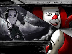  1boy 1girl 2019 addams_family balloon black_hair blank_stare braid cloud cloudy_sky clown dark glowing glowing_eyes grin it_(stephen_king) lightning_bolt_symbol long_sleeves looking_down outdoors pennywise ponchi-ponchi red_hair red_nose signature sky smile stuffed_toy sweatdrop teeth twin_braids wednesday_addams 