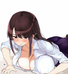 1girl blue_skirt blush bra breasts brown_eyes brown_hair bursting_breasts cleavage closed_mouth collared_shirt dress_shirt exercising hair_ornament hairclip kaisen_chuui large_breasts long_hair looking_down motion_lines original pleated_skirt popped_button pout push-ups school_uniform shadow shirt shirt_tucked_in skirt solo underwear white_bra white_shirt rating:Sensitive score:119 user:danbooru
