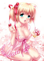  1girl aqua_eyes babydoll barefoot blonde_hair blush bottomless breasts cleavage collarbone flower food food_on_body fruit hair_ornament hair_ribbon icing kamikita_komari little_busters! open_mouth petals ribbon solo star_(symbol) star_hair_ornament strawberry twintails underwear underwear_only zen  rating:Questionable score:37 user:danbooru