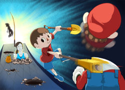 1girl 3boys animal_crossing axe breasts brown_hair colored_skin crossover death decapitation dual_wielding final_destination_(smash_bros) fishing_rod food fox_mccloud fruit gourd hanged holding mario mario_(series) multiple_boys nintendo orange_(fruit) pale_skin ponytail retoroot severed_head shirt shorts shovel smile star_fox super_mario_bros._1 super_smash_bros. t-shirt villager_(animal_crossing) weapon white_skin wii_fit wii_fit_trainer wii_fit_trainer_(female) worktool rating:Sensitive score:42 user:BlueBaroness