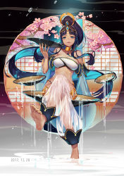 1girl bare_shoulders barefoot black_hair blue_eyes blush bowl breasts cleavage closed_mouth collarbone dark_skin dark-skinned_female dated eyebrows feet forever_7th_capital high_ponytail highres holding holding_bowl large_breasts crossed_legs long_hair looking_at_viewer luode_huayuan sitting soles solo toes water rating:Sensitive score:41 user:danbooru