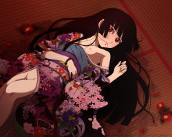  00s 1girl black_hair blunt_bangs bracelet cleft_of_venus enma_ai fingernails flat_chest flower groin hair_in_own_mouth hime_cut indoors japanese_clothes jewelry jigoku_shoujo kimono legs loli looking_at_viewer lying nipples nude_filter on_back parted_lips pussy red_eyes small_nipples solo third-party_edit uncensored  rating:Explicit score:24 user:miaka