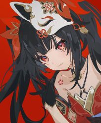  1girl bell black_choker black_gloves black_hair butterfly-shaped_pupils choker collarbone commentary dress flower_tattoo fox_mask gloves halterneck hand_up honkai:_star_rail honkai_(series) long_hair looking_at_viewer mask mask_on_head neck_bell o-ring red_background red_dress red_eyes solo sparkle_(honkai:_star_rail) symbol-only_commentary symbol-shaped_pupils tattoo twintails upper_body uxixe waving 