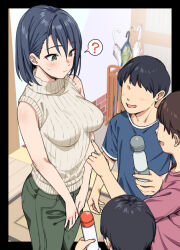  1girl 3boys ? age_difference black_hair blue_shirt breasts brown_hair commentary_request dildo faceless faceless_male green_eyes green_pants highres hitachi_magic_wand holding holding_sex_toy indoors large_breasts lube lube_bottle medium_hair multiple_boys onee-shota original pants red_shirt sex_toy shirt short_hair short_sleeves shota sleeveless sleeveless_sweater sleeveless_turtleneck spoken_question_mark standing sweater t-shirt tsukimoto_kizuki turtleneck umbrella vibrator white_sweater  rating:Questionable score:78 user:danbooru