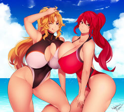  2girls absurdres armpits artist_name beach blonde_hair breast_press breasts cleavage collarbone covered_navel curvy green_eyes highres huge_breasts licking_lips long_hair looking_at_viewer multiple_girls nachocobana one-piece_swimsuit ponytail purple_eyes pyrrha_nikos red_hair rwby sky smile swimsuit thick_thighs thighs tongue tongue_out water wink yang_xiao_long  rating:Questionable score:108 user:JustHere4Butts