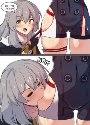  2girls :d absurdres biting black_shorts commentary english_commentary grey_hair highres hinghoi honkai:_star_rail honkai_(series) long_hair looking_at_viewer mole mole_on_thigh multiple_girls open_mouth shorts skindentation smile speech_bubble standing stelle_(honkai:_star_rail) thigh_strap thighs topaz_(honkai:_star_rail) trailblazer_(honkai:_star_rail) white_background yellow_eyes 