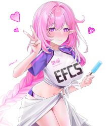  absurdres anthea_(neris_45) anthea_meow blush breasts buruma closed_mouth clothes_writing elf elysia_(herrscher_of_human:ego)_(honkai_impact) elysia_(honkai_impact) food hair_between_eyes heart highres holding holding_food holding_ice_cream honkai_(series) honkai_impact_3rd ice_cream large_breasts legs long_hair looking_at_viewer low-braided_long_hair low-tied_long_hair navel official_alternate_costume pink_eyes pink_hair pink_pupils pointy_ears sarong shirt tied_shirt v white_background white_sarong white_shirt 