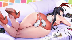  1girl ass bare_legs bare_shoulders black_hair blush breasts cable commentary_request controller cosplay couch curvy embarrassed famicom game_console game_controller genshiken high_heels highres large_breasts legs leotard long_hair looking_at_viewer lying medium_breasts nec_corporation neo_geo nintendo object_on_ass ohno_kanako on_stomach otaku otaku_room pc_engine pillow playboy_bunny rabbit_tail sega sega_mega_drive sideboob snk surprised tail thick_thighs thighs user_fahf2258 wide_hips wii 
