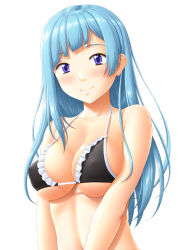  1girl alternate_costume bikini blue_hair blush breasts cleavage highres hime_cut jujutsu_kaisen large_breasts long_hair maid maid_bikini miwa_kasumi sin-go smile solo swimsuit unconventional_maid white_background  rating:Questionable score:6 user:BlueGallade