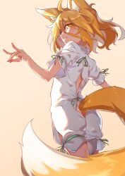  1girl absurdres animal_ears ass blonde_hair butt_crack commentary_request fox_ears fox_girl fox_shadow_puppet fox_tail green_ribbon highres korei kudamaki_tsukasa mandarin_collar medium_hair pink_background ribbon romper short_sleeves simple_background smile solo tail touhou white_romper yellow_tail  rating:Questionable score:11 user:danbooru
