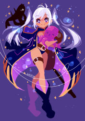  1girl 2017 alternate_costume artist_name bag belt boots bright_pupils cape dated fire_emblem fire_emblem_heroes fish full_body gloves holding long_hair looking_at_viewer nintendo octopus off_shoulder official_alternate_costume polearm projecttiger purple_background purple_theme robin_(fire_emblem) robin_(fire_emblem)_(female) solo standing star_(symbol) swimsuit thigh_strap trident two_side_up weapon white_hair  rating:Safe score:3 user:fenrir_q
