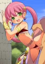  1girl against_wall arm_support atlus bare_shoulders blush bracelet clitoris clothed_female_nude_male clothing_aside dancer_(sekaiju) earrings etrian_odyssey flat_chest green_eyes hair_ornament highres jewelry kyokutou_hentai_samurai leg_lift loli long_hair midriff navel nude open_mouth panties panties_aside penis pink_hair pussy pussy_juice sekaiju_no_meikyuu sekaiju_no_meikyuu_4 sex solo_focus sweat twintails uncensored underwear vaginal  rating:Explicit score:207 user:danbooru