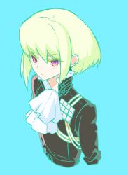  1boy ascot blue_background colored_eyelashes green_hair highres lio_fotia looking_at_viewer male_focus memeo_(candy_house) promare purple_eyes simple_background solo trigger_(company) 