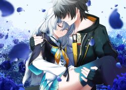  1boy 1girl blue_background boots caelus_(honkai:_star_rail) carrying crying fingerless_gloves firefly_(honkai:_star_rail) gloves grey_hair hair_between_eyes hetero honkai:_star_rail honkai_(series) hood hood_down hooded_jacket jacket tagme thigh_boots trailblazer_(honkai:_star_rail) white_hair  rating:General score:3 user:follawaifus8989