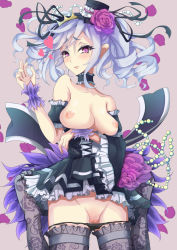  10s 1girl bad_id bad_pixiv_id blush breasts drill_hair hat idolmaster idolmaster_cinderella_girls kanzaki_ranko long_hair nipples panties panty_pull pussy red_eyes ridai silver_hair simple_background solo thighhighs twin_drills twintails underwear 