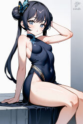  1girl ai-assisted bare_legs bare_shoulders black_dress black_eyes black_hair bladetea blue_archive breasts china_dress chinese_clothes double_bun dress hair_bun half-closed_eyes highres kisaki_(blue_archive) sitting small_breasts solo sweat thighs 