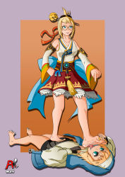  1boy 1girl arlioth barefoot blo blonde_hair bridget_(guilty_gear) crossdressing crossover dnf_duel domination dungeon_and_fighter feet_licking female_gunner_(dungeon_and_fighter) fingerless_gloves footjob footjob_over_clothes glasses gloves guilty_gear guilty_gear_strive highres holding_foot licking lying nail_polish age_difference on_back pointing pointing_down standing standing_on_person stepped_on tongue tongue_out trample trap  rating:Explicit score:18 user:zero34