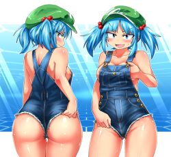1girl alternate_costume areola_slip ass backboob black_pubic_hair blue_eyes blue_hair blunt_bangs blush breasts closed_mouth commentary_request commission cowboy_shot female_pubic_hair flat_cap green_headwear hair_bobbles hair_ornament hand_under_clothes hat kawashiro_nitori looking_at_viewer medium_bangs medium_breasts medium_hair mismatched_pubic_hair multiple_views naked_overalls open_mouth overalls parted_bangs pubic_hair pubic_hair_peek shimizu_pem shiny_skin sidelocks skeb_commission smile touhou two_side_up v-shaped_eyebrows rating:Questionable score:17 user:danbooru