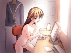  1girl breasts brown_eyes brown_hair chair unworn_clothes collarbone computer desk female_focus female_masturbation fingering indoors long_hair masturbation navel nipples norizou_type-r nude nude_in_front_of_computer sitting sketch small_breasts solo 