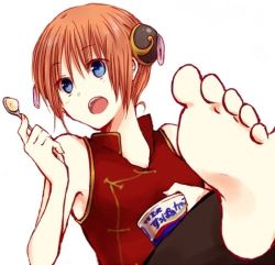  1girl barefoot blue_eyes bun_cover chinese_clothes double_bun dress eating eyebrows feet food foot_focus gintama kagura_(gintama) orange_hair red_dress short_hair soles solo solo_focus toes white_background  rating:Sensitive score:12 user:joey1989