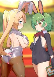  2girls absurdres ass blonde_hair blush breasts female_focus flat_chest green_hair highres large_breasts leotard loli looking_at_viewer multiple_girls nagachyan oppai_loli playboy_bunny rabbit_ears rabbit_tail sideboob smile upper_body 