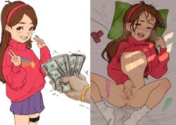  1boy 1girl blue_skirt brace braces brown_hair condom cum cum_in_pussy cum_on_body cum_on_upper_body diathorn double_v dripping female_focus flat_chest gravity_falls hand_on_pussy indoors loli long_hair lying mabel_pines money nipples on_back pillow prostitution pussy red_sweater skirt smile socks spread_pussy star_(symbol) sweater tagme torogao uncensored used_condom v white_background white_socks  rating:Explicit score:140 user:Pollap