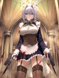  1girl apron bayonet blood blood_on_clothes blood_on_face braid breasts cocked_hammer commentary corset cowboy_shot dual_wielding expressionless garter_straps gloves greenkohgen grey_hair gun hair_intakes handgun highres holding holding_gun holding_weapon izayoi_sakuya lace lace-trimmed_legwear lace_trim large_breasts looking_at_viewer m1911 maid maid_apron maid_headdress short_hair skindentation standing touhou twin_braids waist_apron weapon white_gloves 