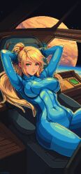  1girl absurdres blonde_hair blue_bodysuit blue_eyes bodysuit breasts cameltoe commentary covered_erect_nipples covered_navel english_commentary highres impossible_bodysuit impossible_clothes itzah large_breasts long_hair looking_at_viewer metroid mole mole_under_mouth nintendo pixel_art ponytail samus_aran skin_tight solo thighs zero_suit 
